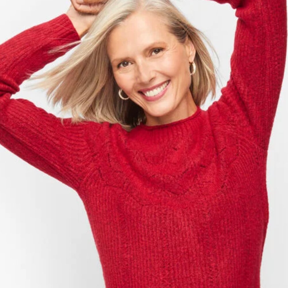 TALBOTS Pointelle Yoke Mockneck Alpaca Blend Sweater, Red L NEW